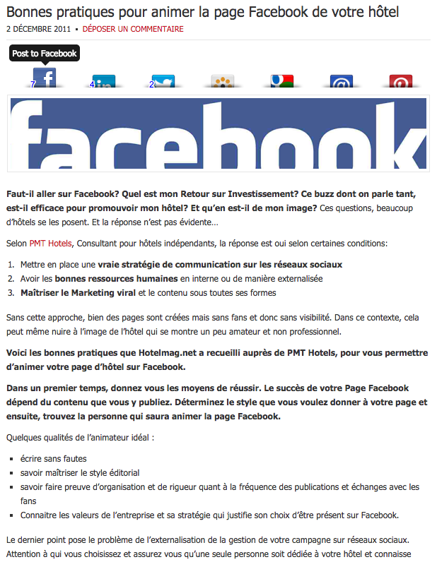 Exemple de Blog pour hôteliers